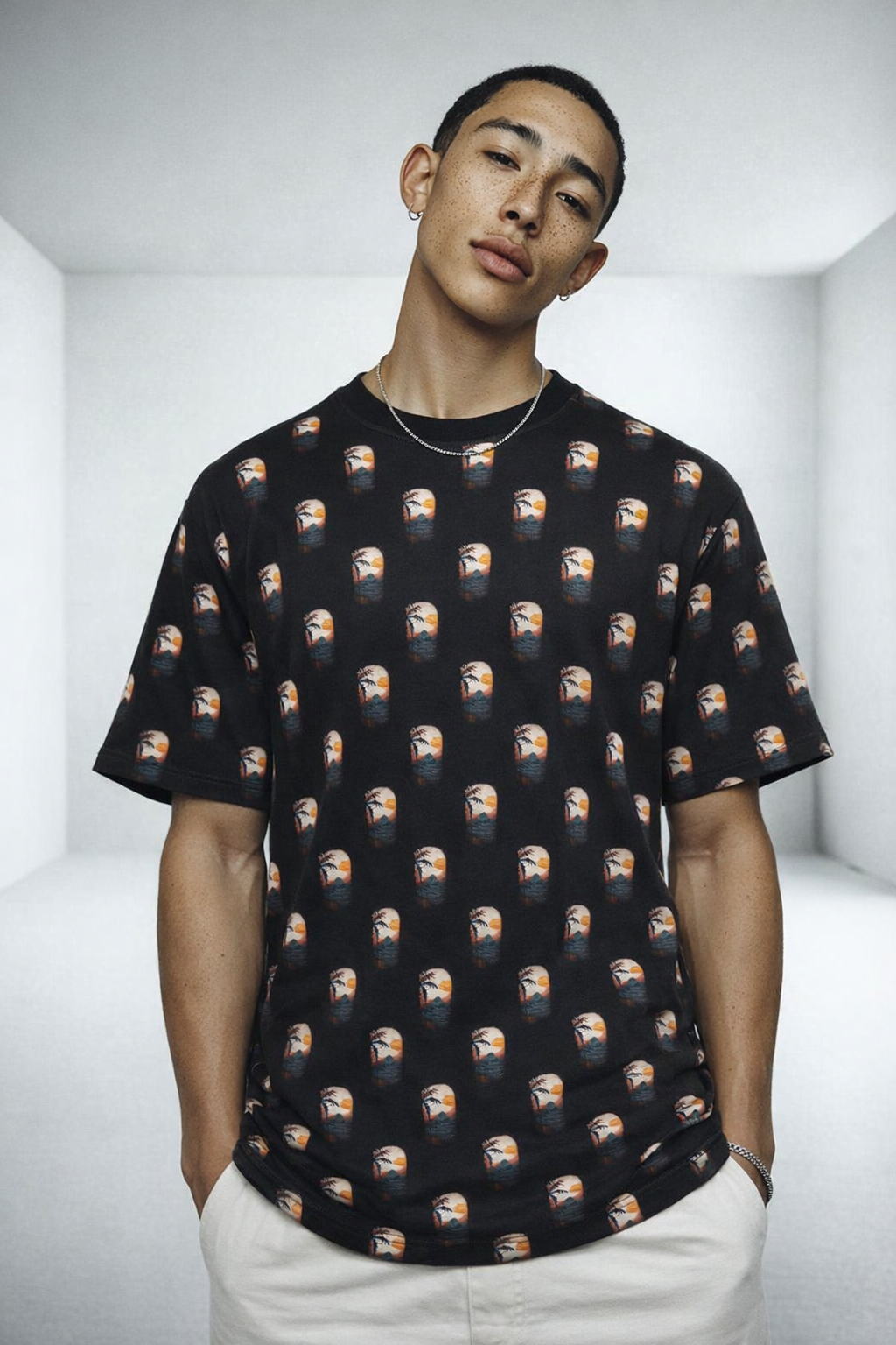 All Over Print Cotton T-Shirt-Black