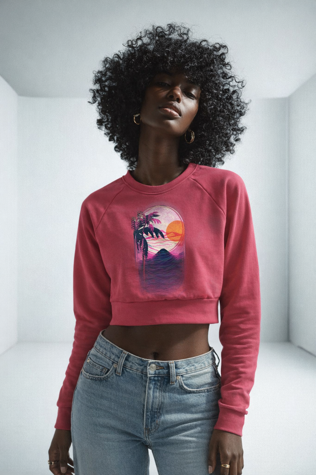 Long Sleeve Crop Top-Pink