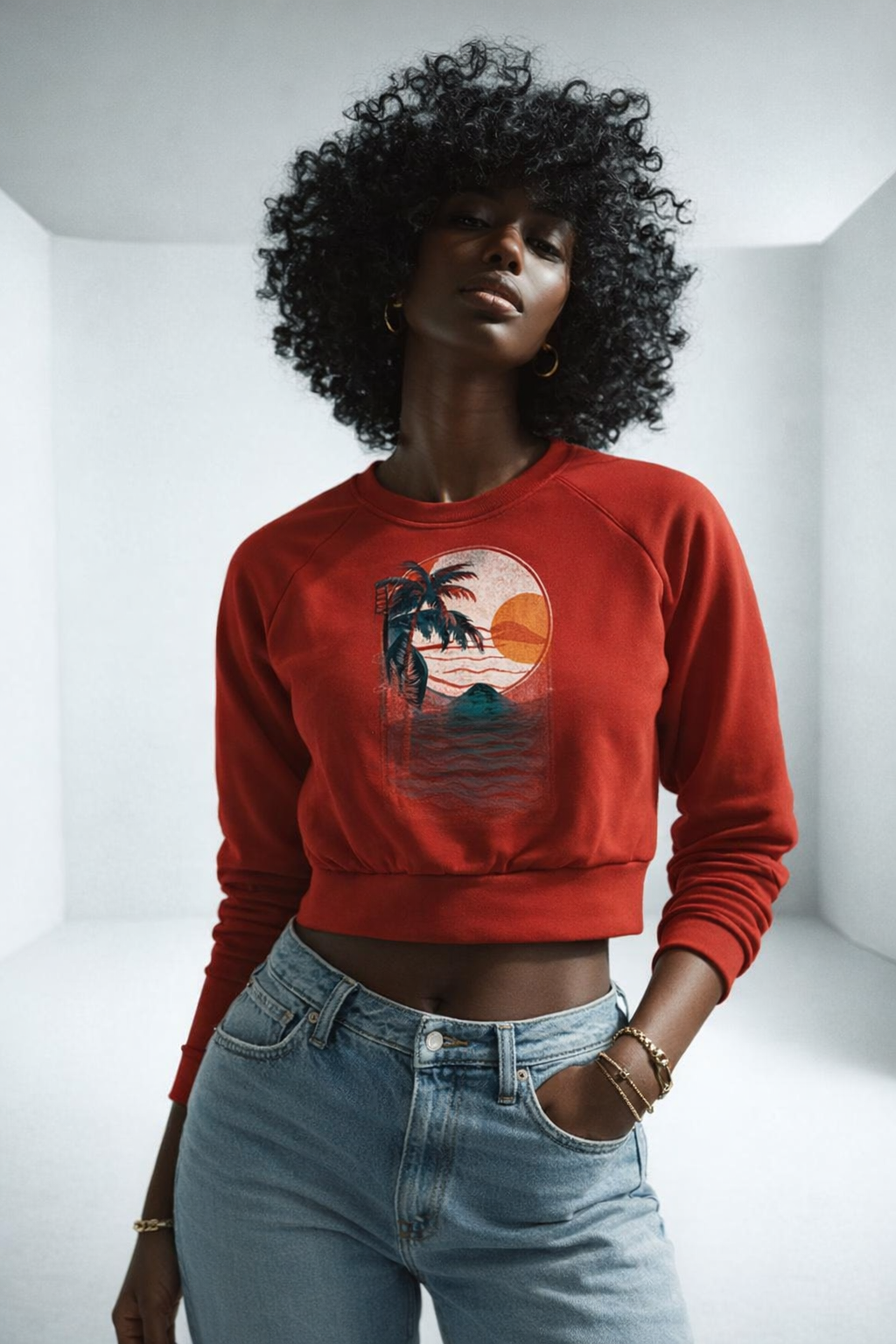 Long Sleeve Crop Top-Red