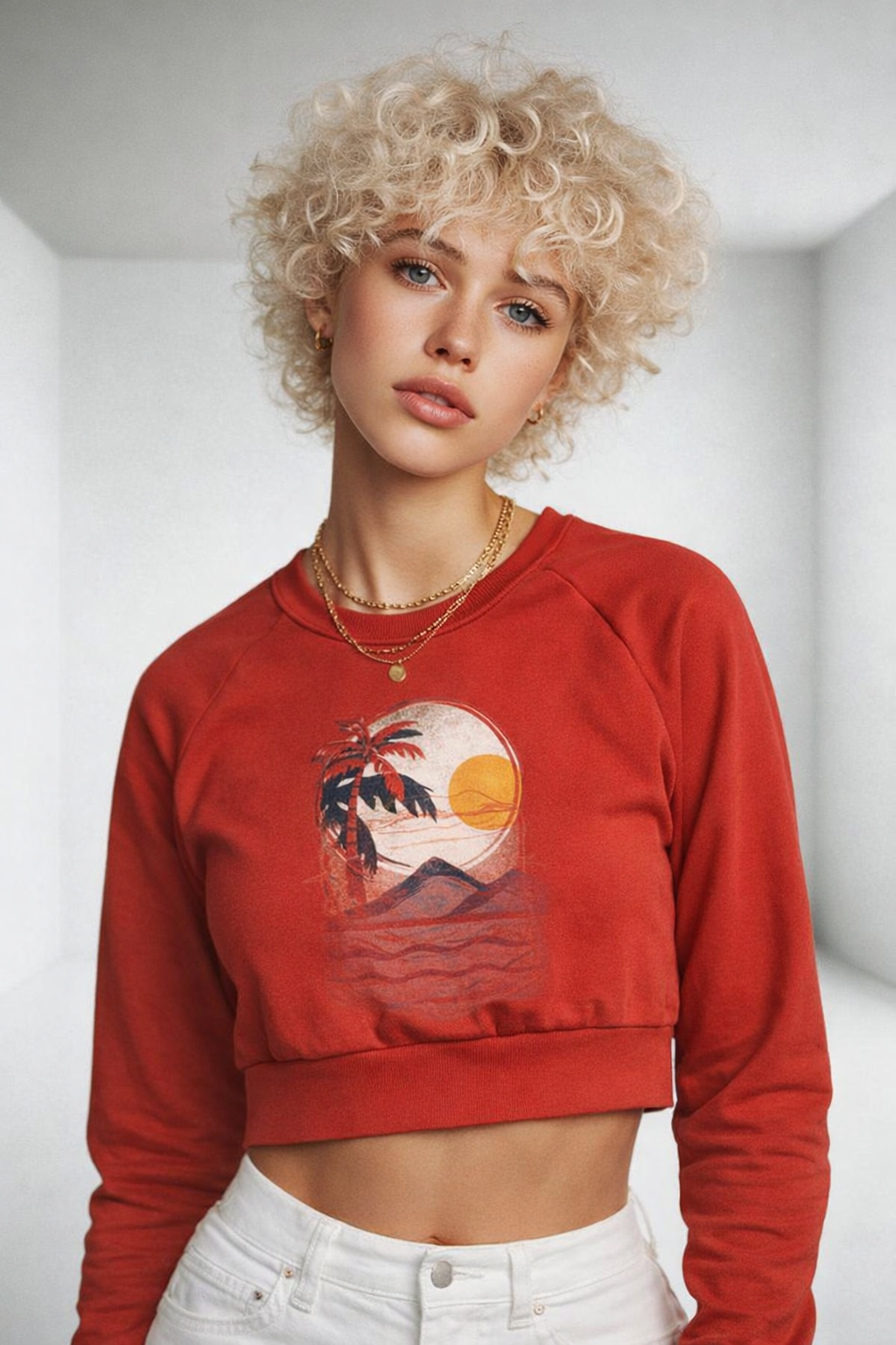 Long Sleeve Crop Top-Red