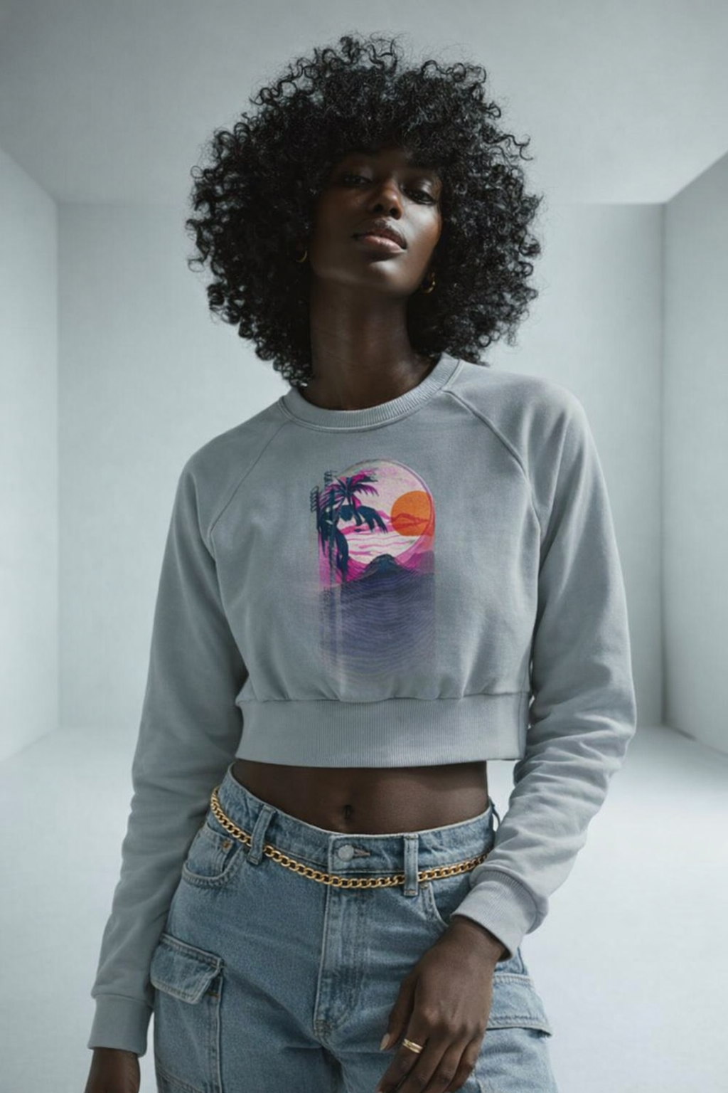 Long Sleeve Crop Top-Gray